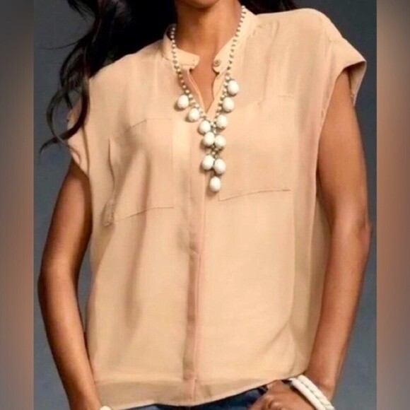 Cabi By Anthropologie Top Cabichai Tea Sheer 970 Cap Sleeve Blouse Medium - Picture 1 of 13